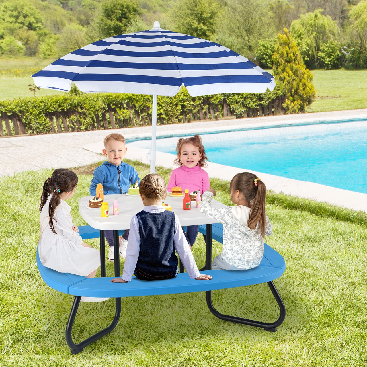 Kids Outdoor Play Table with Collapsible Umbrella and Heavy-Duty Metal Frame